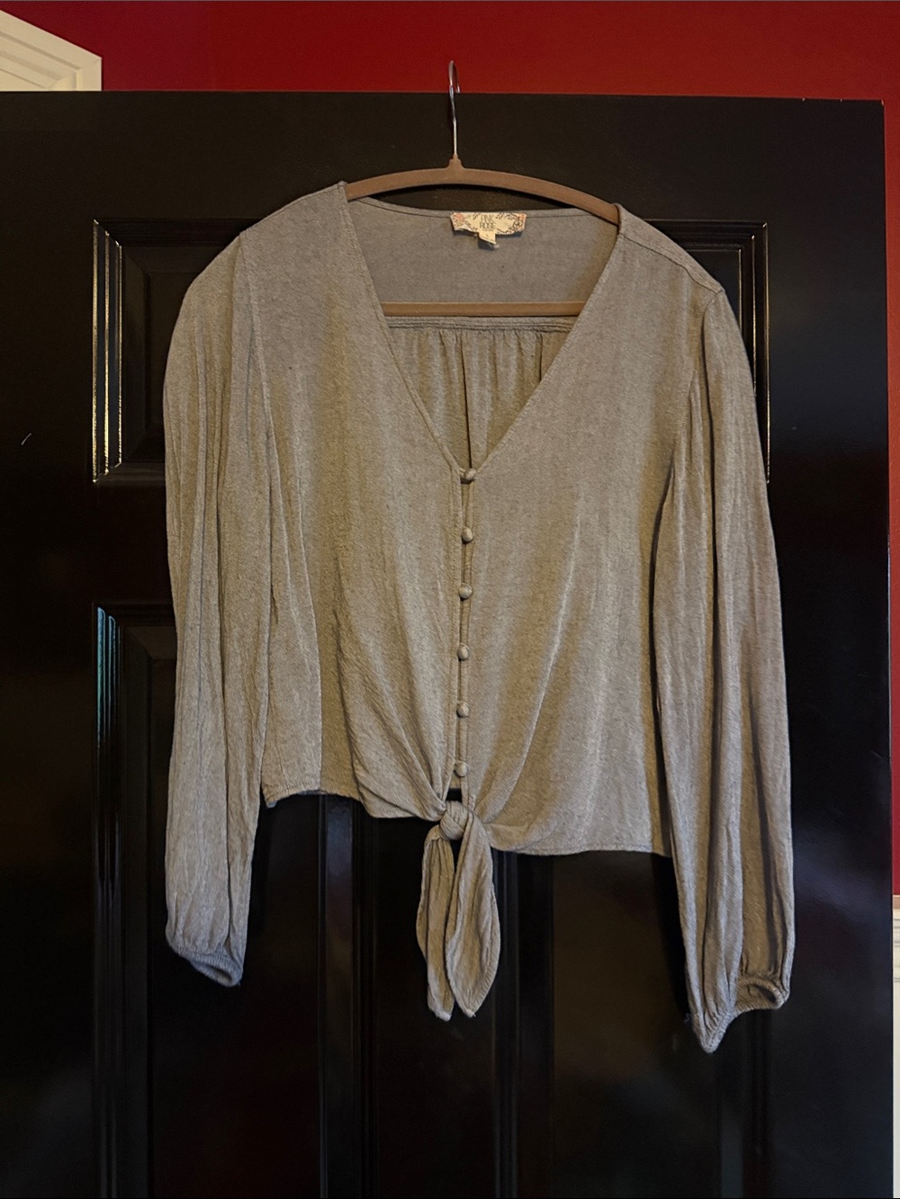 Pink Rose denim blue Button-Front Tie Hem Blouse